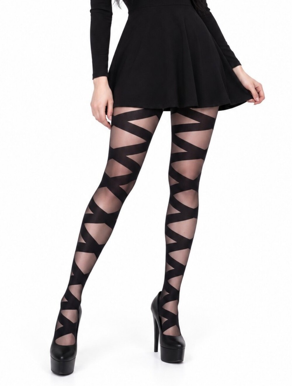 Black Strappy Patterned Sheer Tights